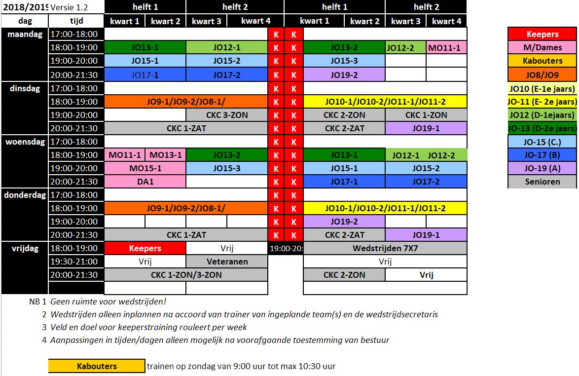 Trainingstijden 2018/2019