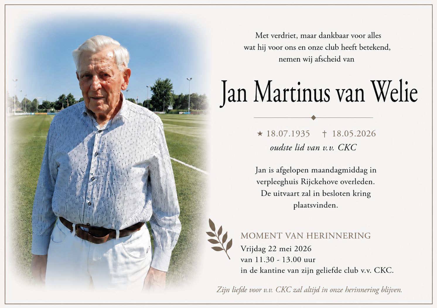 Overlijden Jan van Welie